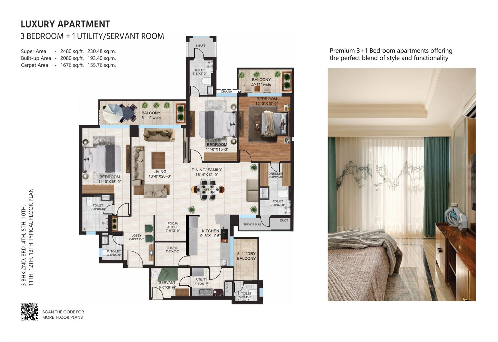 3 BHK + Utility / servant room floor plan