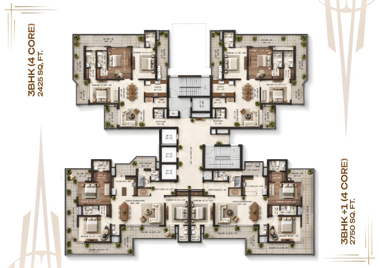 Ananda Crown 3 BHK floor plan