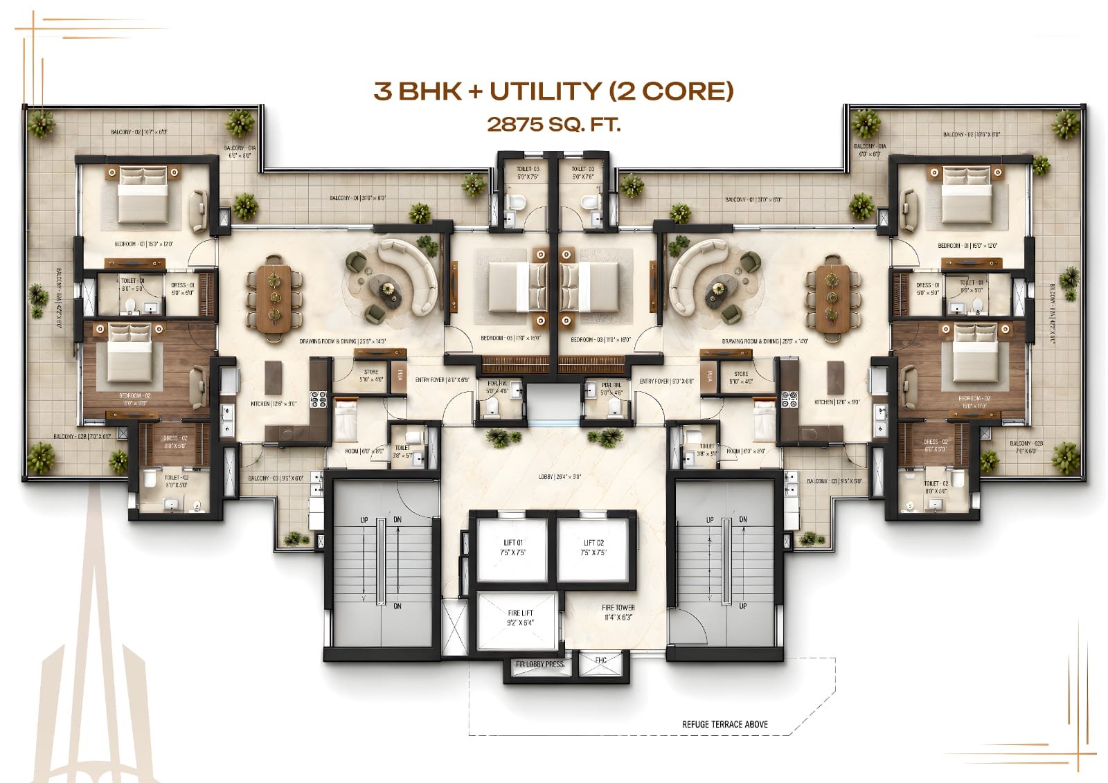 Ananda Crown 3+1 BHK floor plan with utility