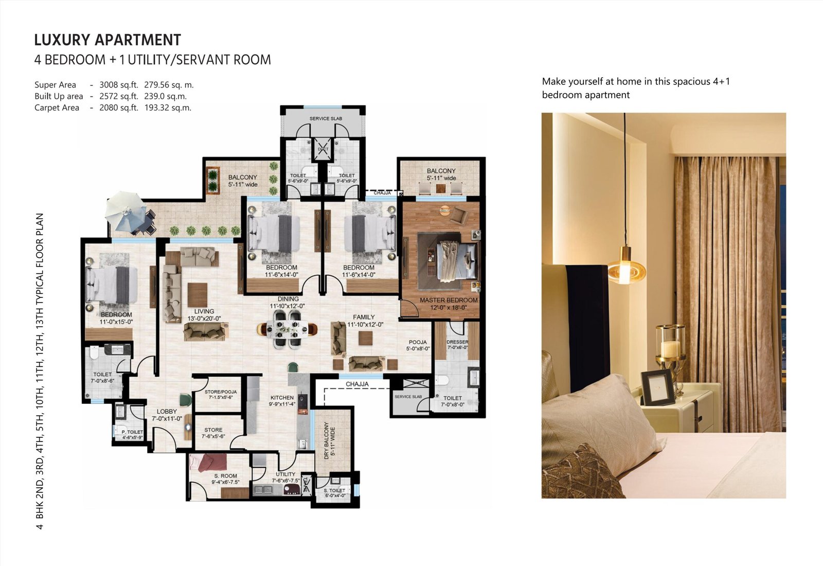 4 BHK + Utility / servant room floor plan